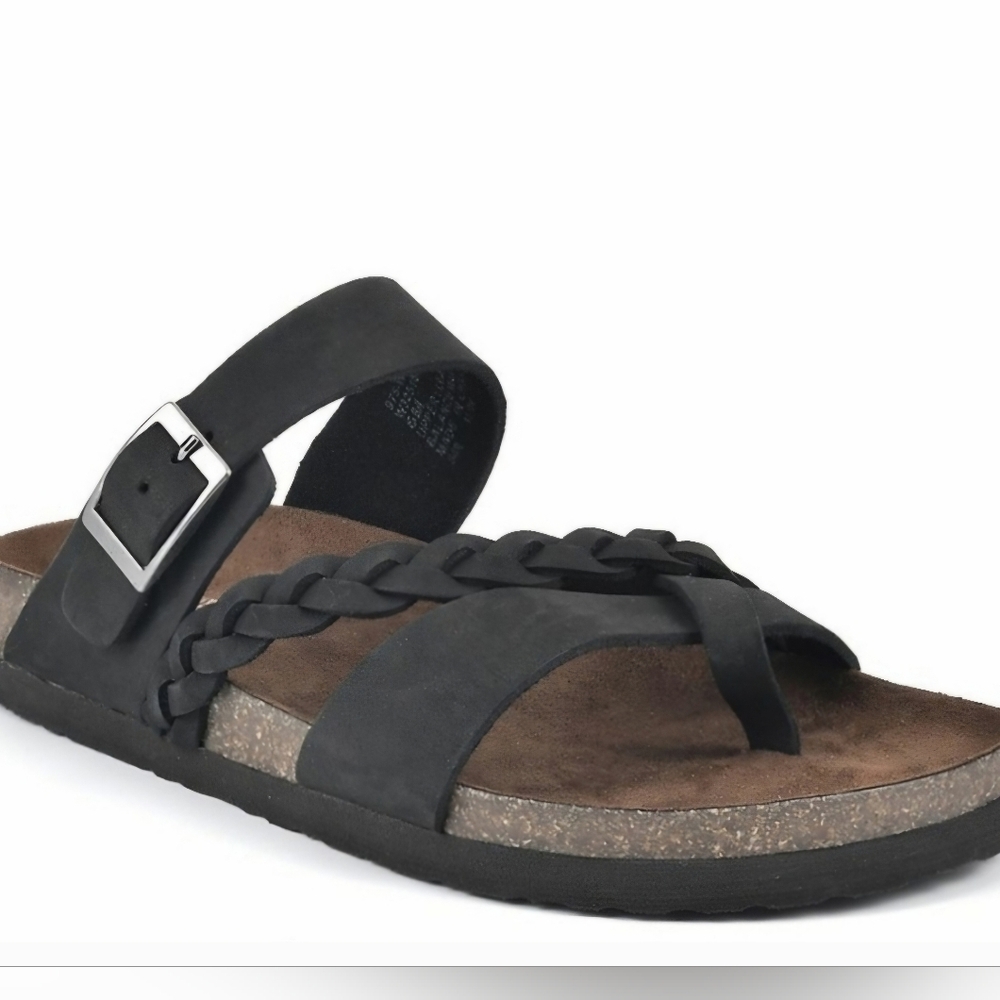 Leather Footbed Black Slide Sandals